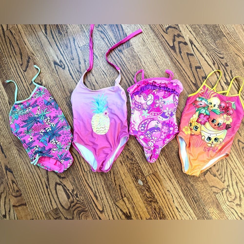 Lot 4 Girls One Piece Swimsuits Pink Prints GYMBOREE SHOPKINS SO Girls 5 6